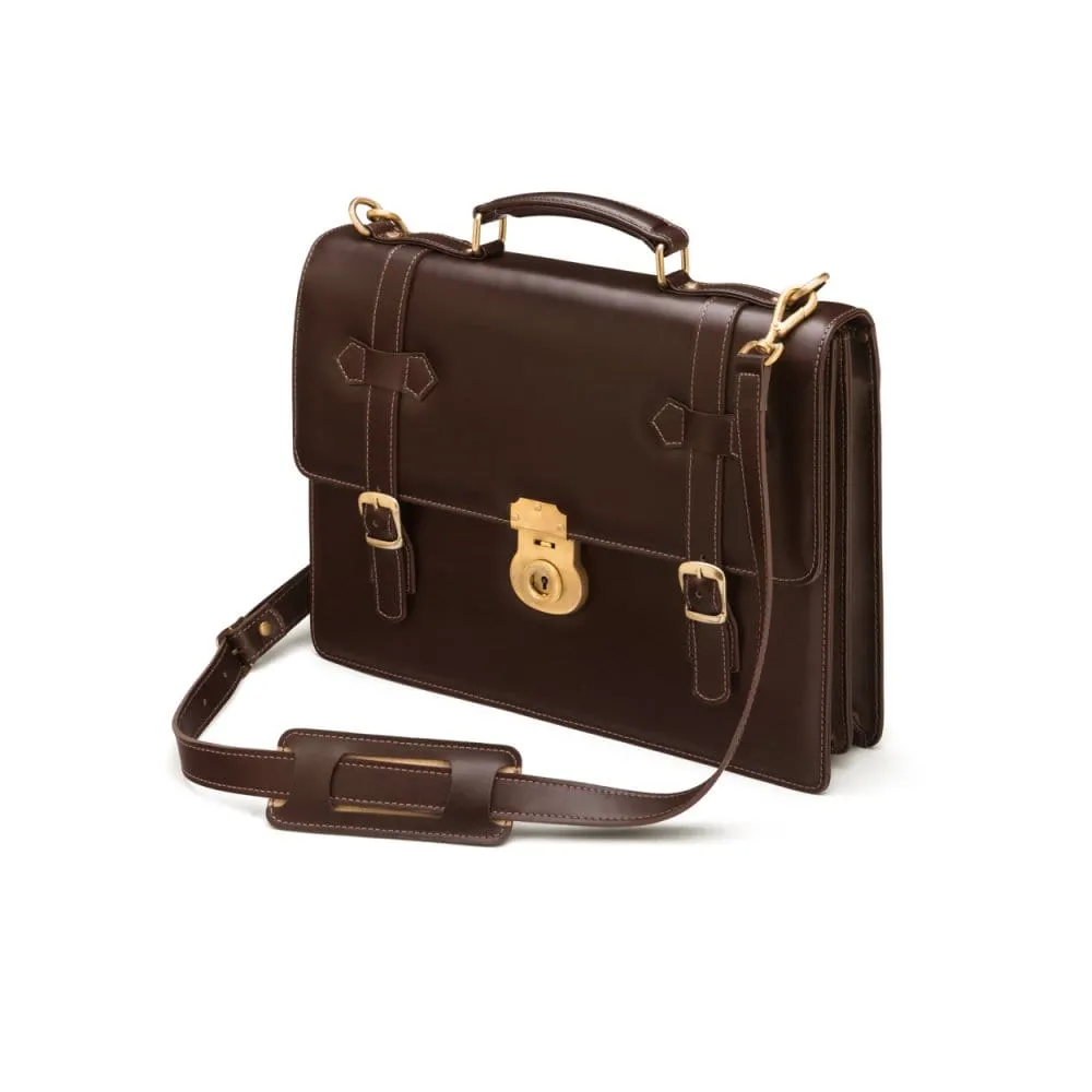 Traditional Leather Briefcase With Brass Lock - Brown