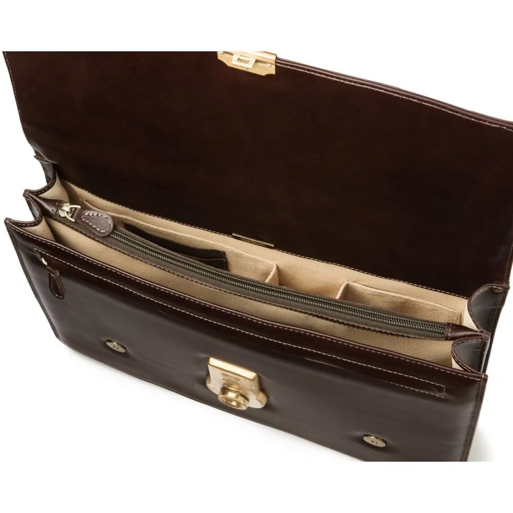 Traditional Leather Briefcase With Brass Lock - Brown
