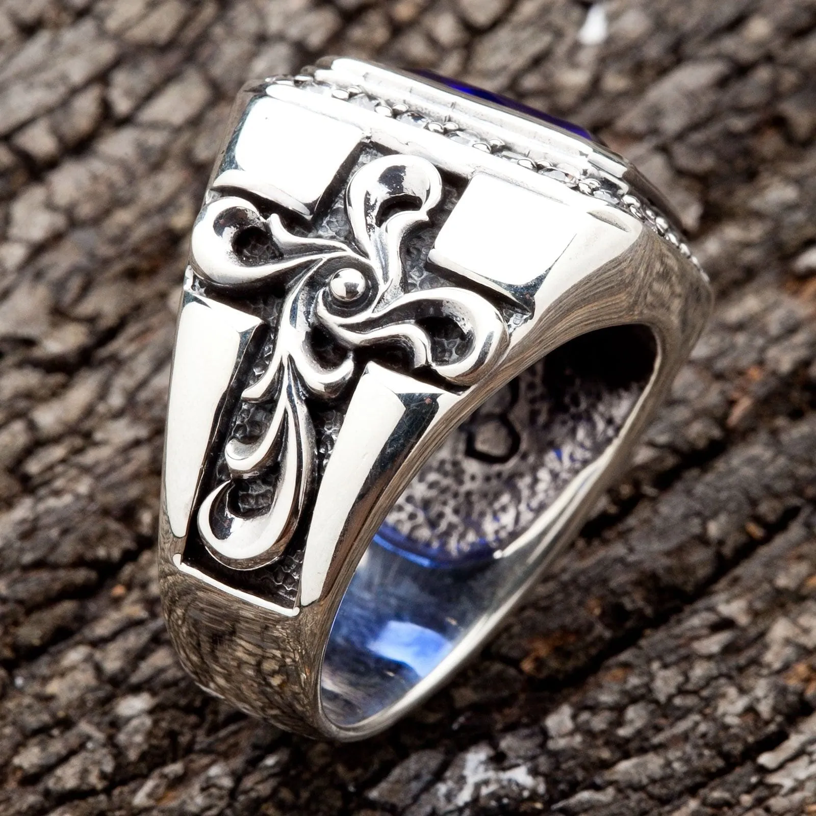 Tribal Cross Sapphire Sterling Silver Men's Ring