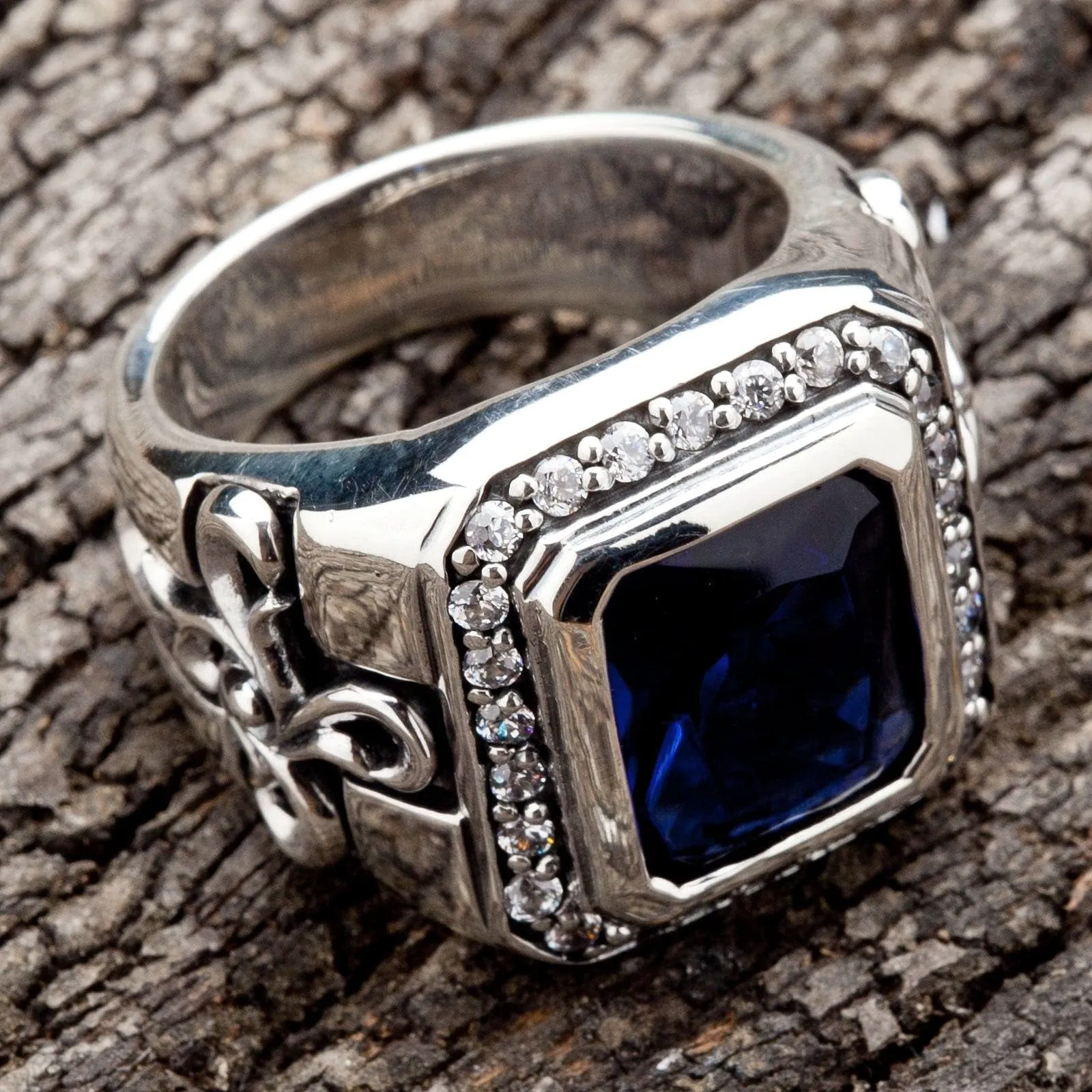 Tribal Cross Sapphire Sterling Silver Men's Ring