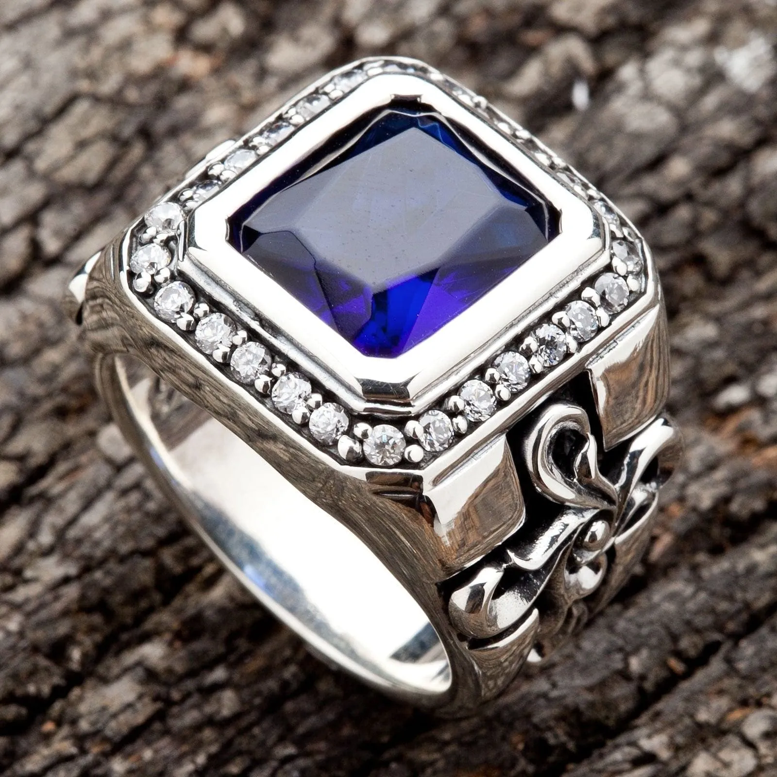 Tribal Cross Sapphire Sterling Silver Men's Ring