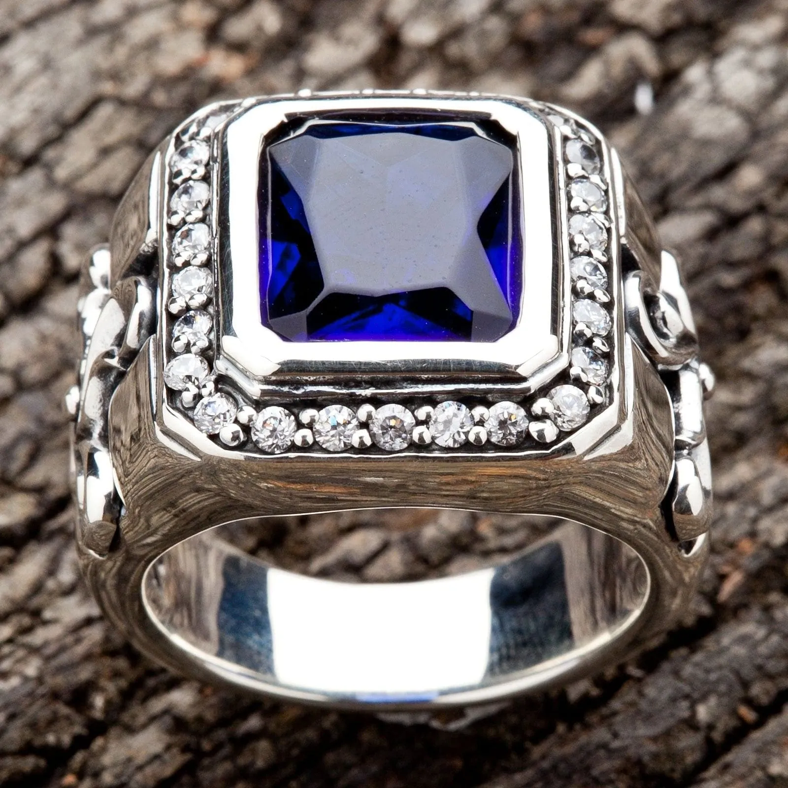 Tribal Cross Sapphire Sterling Silver Men's Ring