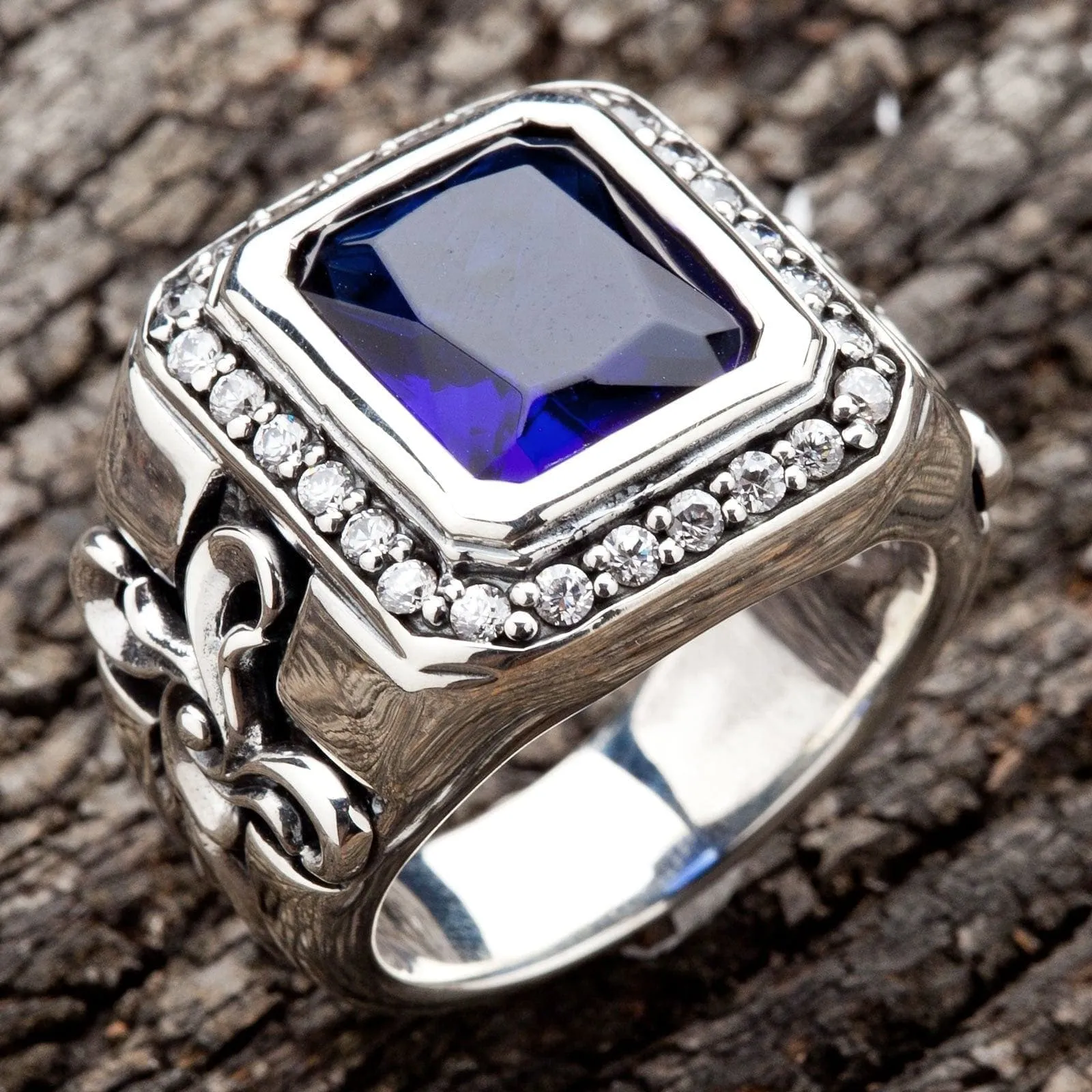 Tribal Cross Sapphire Sterling Silver Men's Ring