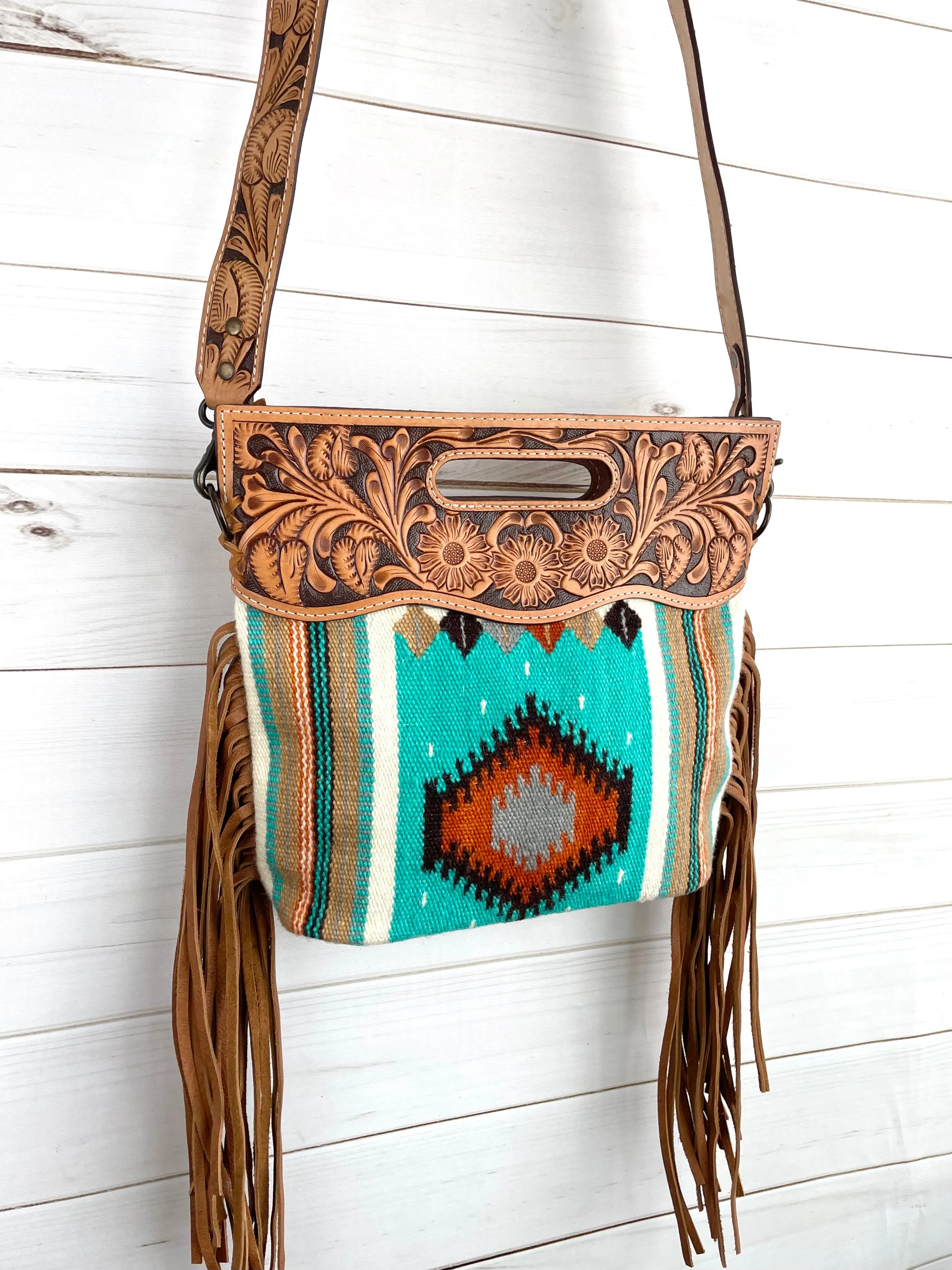 Turquoise Orange Neutral Diamond Pattern Wool Leather Fringe Bag