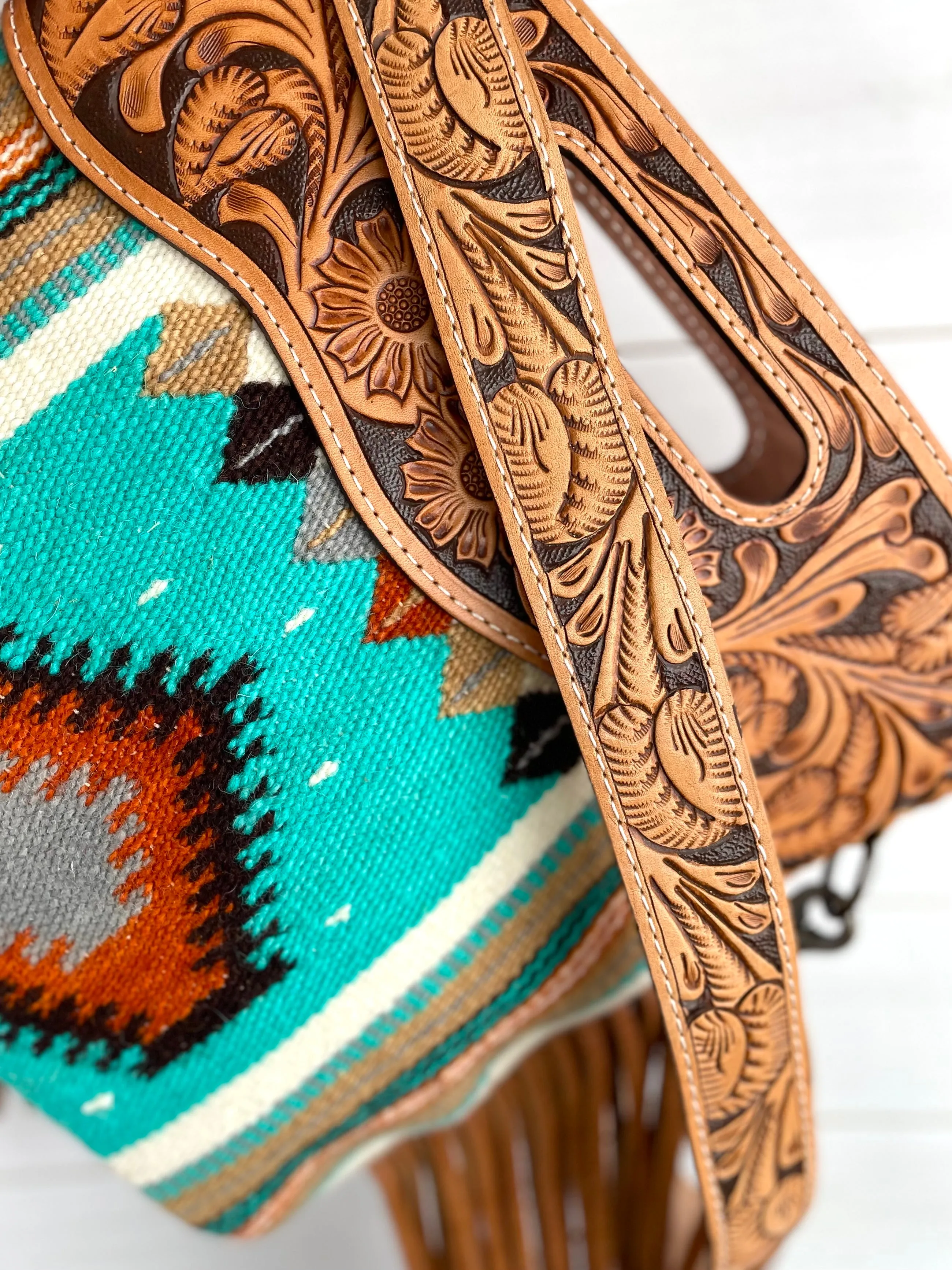 Turquoise Orange Neutral Diamond Pattern Wool Leather Fringe Bag