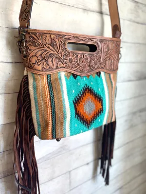 Turquoise Orange Neutral Diamond Pattern Wool Leather Fringe Bag