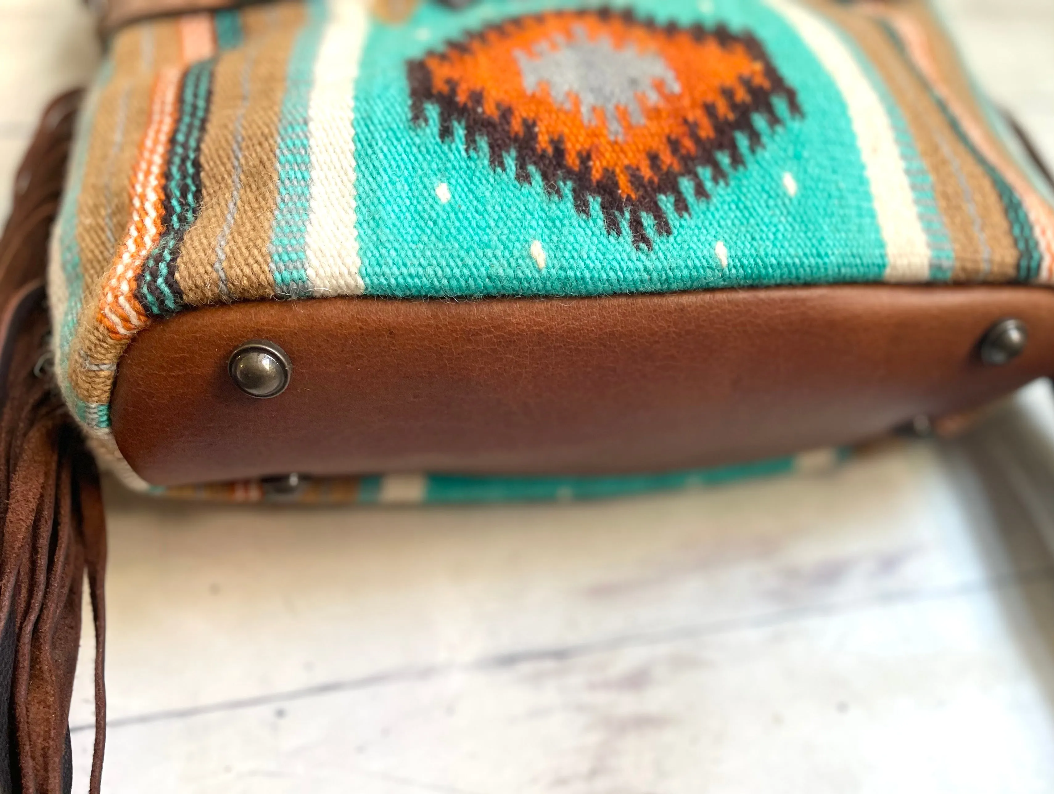 Turquoise Orange Neutral Diamond Pattern Wool Leather Fringe Bag