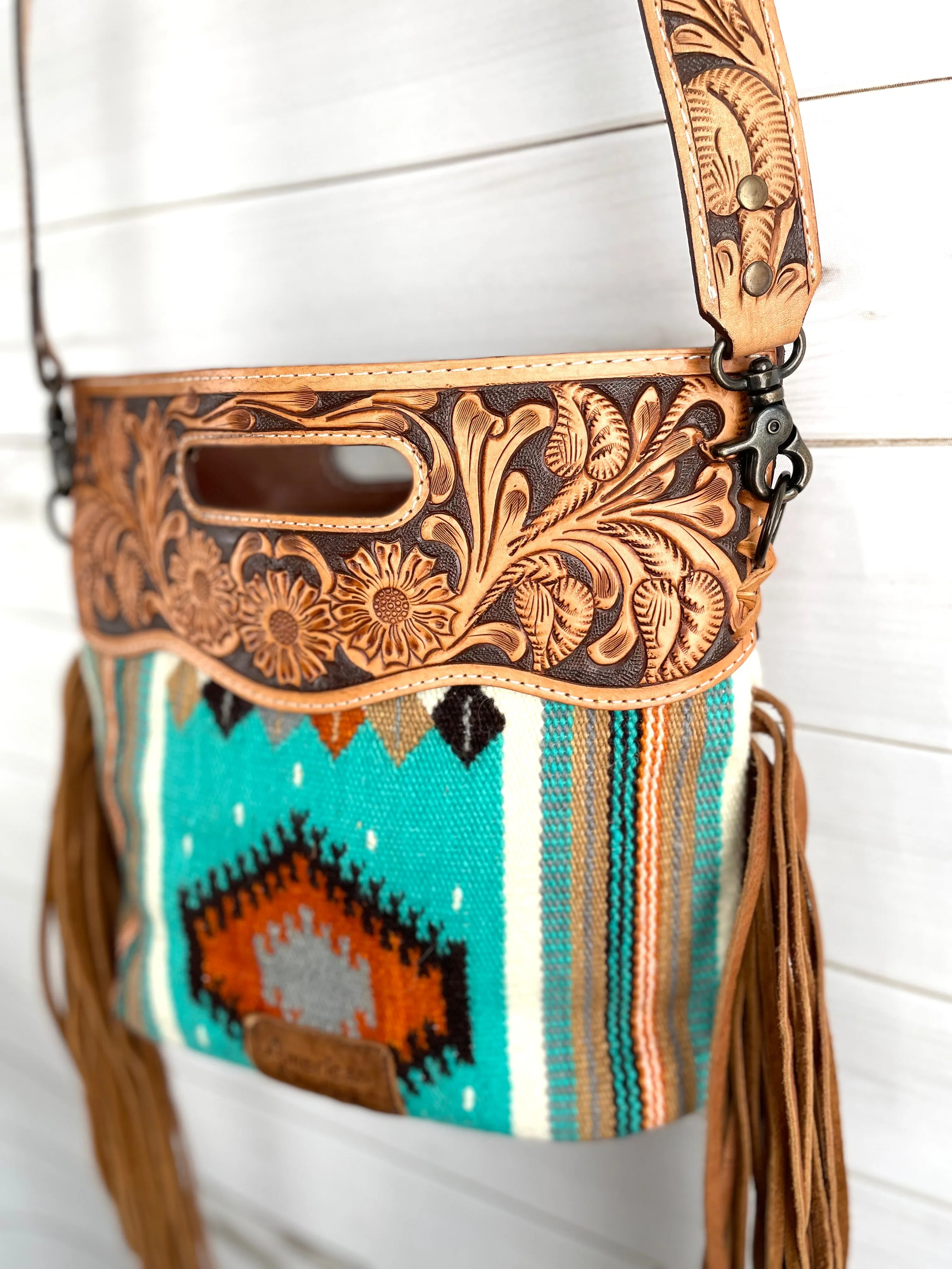 Turquoise Orange Neutral Diamond Pattern Wool Leather Fringe Bag
