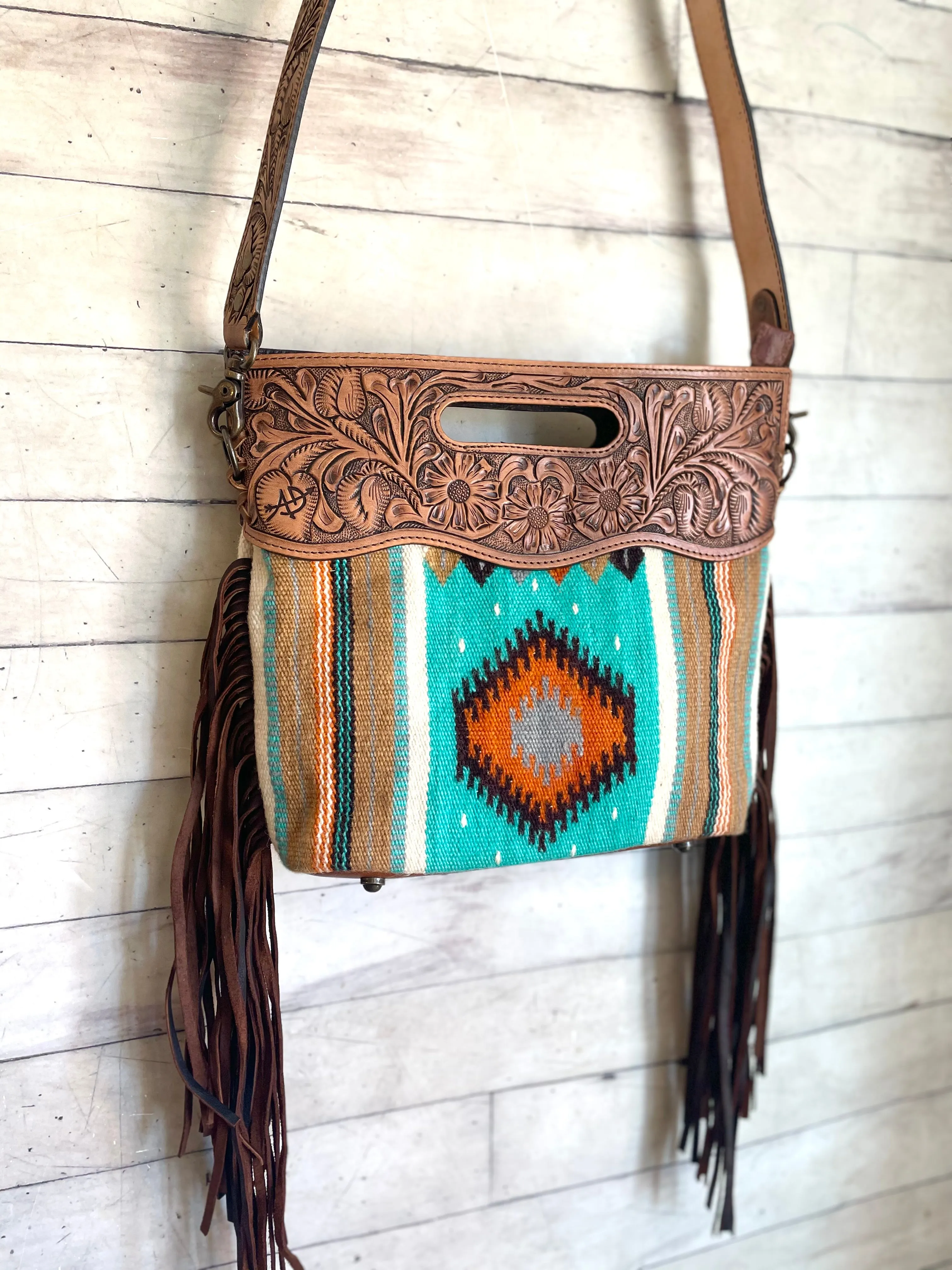 Turquoise Orange Neutral Diamond Pattern Wool Leather Fringe Bag