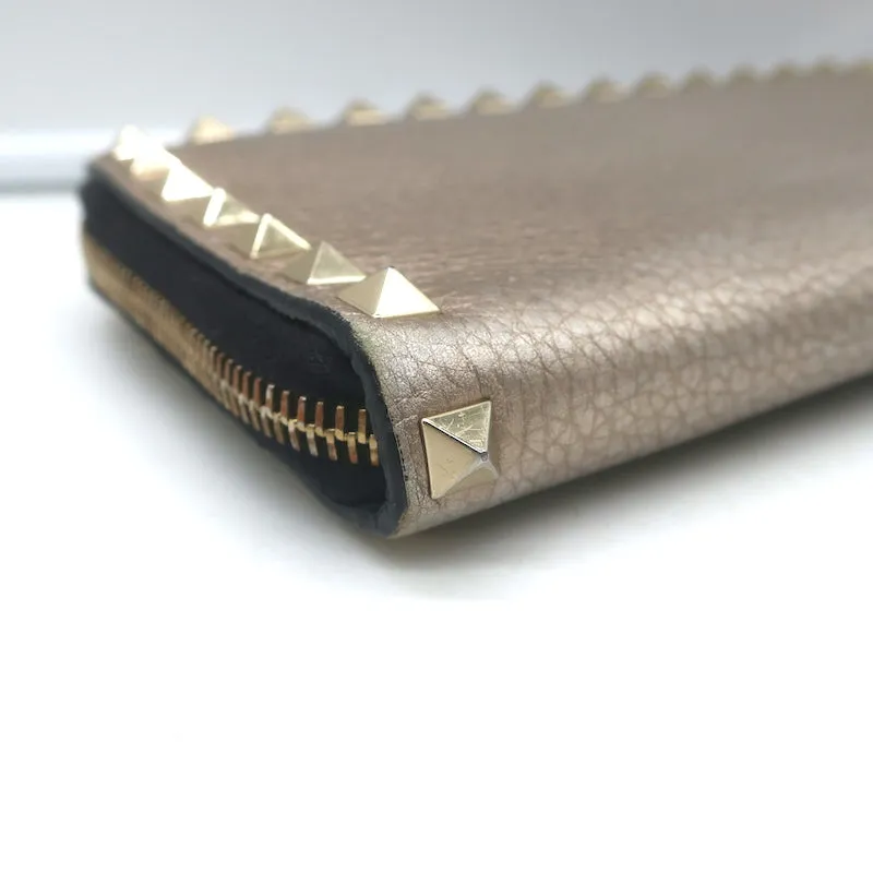 Valentino Rockstud Continental Wallet Gold Metallic Grained Leather