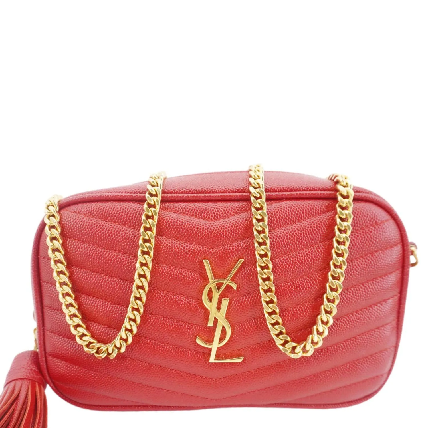 YVES SAINT LAURENT Lou Small Chevron Leather Camera Crossbody Bag Red